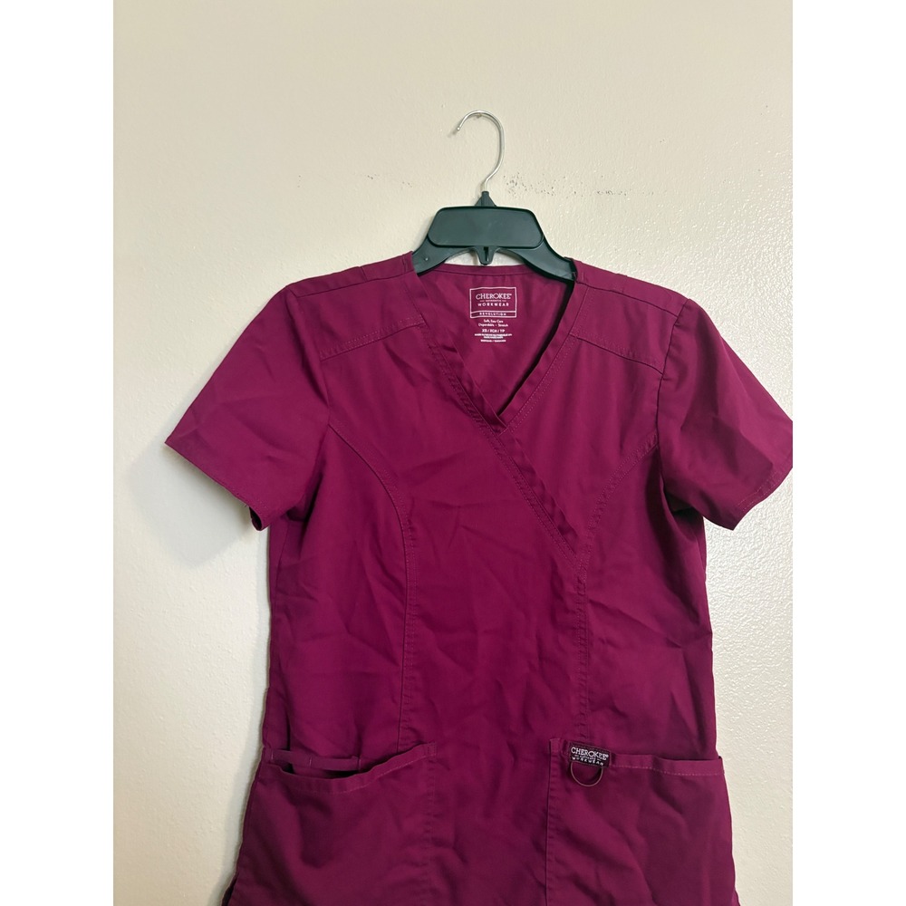 Cherokee Workwear Revolution Mock Wrap Scrub Top Wine Burgundy WW610 Women's XS